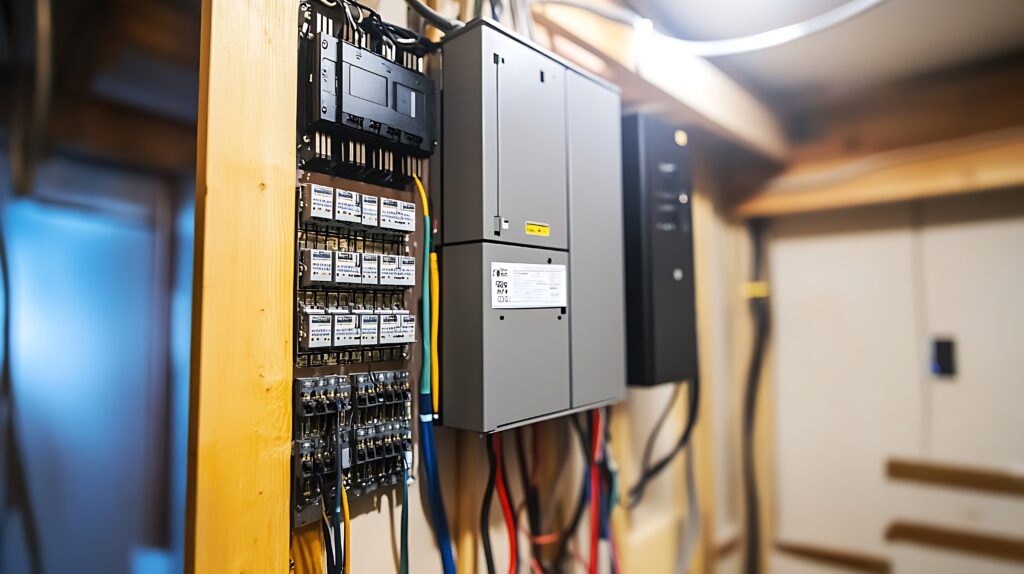 a close up of a switchboard with wires and wires in it